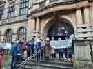 Protestors against the Council's plans to build on the Green Belt, on the steps of Sheffield Town Hall 