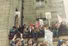 Miners Strike Rally, Holly Street - miners at rear of City Hall building