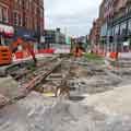 Works on Pinstone Street revealing original tram tracks