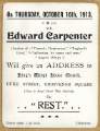 Flier for lecture by Edward Carpenter on 'Rest', at Kings Weigh House Church, Duke Street, Grosvenor Square, London