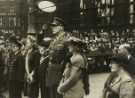 Lord Mayor, Councillor Samuel Hartley Marshall JP and Lady Mayoress, Mrs Marshall alongside Lt. General Sir Edwin Morris (1889 - 1970), General Officer Commanding-in-Chief (GOC-in-C) for Northern Command at a march past, Pinstone Street