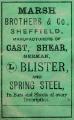 Label for cast, shear, German, blister and spring steel, Marsh Brothers and Co. [Ltd., steel manufacturers, Pond Works, Shude Lane], Sheffield
