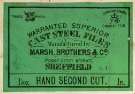 Label for warranted superior cast steel files, hand second cut, Marsh Brothers and Co. [Ltd., steel manufacturers], Ponds Steel Works, [Shude Lane], Sheffield, c. 1891
