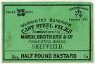 Label for warranted superior cast steel files, half round bastard, Marsh Brothers and Co. [Ltd., steel manufacturers], Ponds Steel Works, [Shude Lane], Sheffield, c. 1891