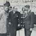 Batchelors Foods Ltd., Sheffield factory: Lord Heyworth [Geoffrey Heyworth (1894-1974),Chair of Unilever] in the cannery with (l. to r.) shift foreman Bill Howson and B. B. Muscott, assistant general works manager, [Limestone Cottage Lane], Sheffield