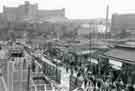 View: p01430 View showing old Sheaf Market (Rag an' Tag), Broad Street (right), construction of Sheaf Market (left), Hyde Park Flats (rear centre) and Park Hill Flats (far right).