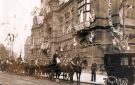 Royal visit of George and Mary, Prince and Princess of Wales (later King George V and Queen Mary) showing horse drawn carriages outside the Town Hall awaiting their departure