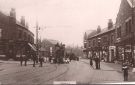 Tram at Darnall Tram Terminus, Staniforth Road, showing (right) No. 642, Arthur James Appleton, chemist and (left) No. 689 York City and County Bank on the corner of Irving Street