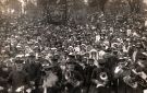 Possibly Whit-Monday march showing banners from United Methodist Sunday Schools and Woodseats Primitive Methodist Sunday School