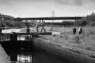 Locks at Tinsley on the Sheffield and South Yorkshire Navigation showing (background) Tinsley Viaduct, mid 1970s