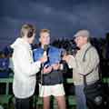 BBC Radio Sheffield interviewing an athlete at the Don Valley Stadium during the World Student Games 