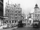 Tram 330 on Fargate during Last Tram Week showing (left) National Provincial Bank, Parade Chambers and (right) Kemsley House (Sheffield Telegraph and Star offices), High Street