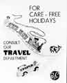 'For care-free holidays consult our travel department'. In store advertising poster, Brightside and Carbrook Cooperative Society, c.1950-1963 'For care-free holidays consult our travel department'. In store advertising poster, Brightside and Carbrook Cooperative Society, c.1950-1963