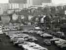 View: s46330 Corn Exchange car park showing (right) Newmarket Hotel, No. 20 Broad Street / No. 1 Sheaf Street and the Plough Inn, No. 28 Broad Street 