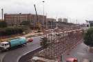 Construction of Park Square Supertram Bridge on (centre) Park Square showing (back centre) Park Hill and Norfolk Park Flats, c. 1992