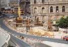 Construction of Park Square Supertram bridge on Commercial Street showing (top right) Canada House (the old Gas Company offices), c.1992