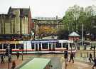 Supertram No. 103 on High Street showing (foreground) Haymarket, (centre) Fitzalan Square and General Post Office building