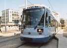 Supertram 08 at Castle Square Supertram stop showing (left) The Sheffield Co-operative Society, Castle House on Angel Street