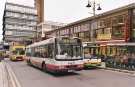 South Yorkshire  Passenger Transport Executive (SYPTE). Yorkshire Terrier bus and First bus No. 856 at the Haymarket bus stop showing (left) Castle Market and (centre) The Gallery