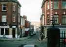 Junction of (centre) North Church Street and (foreground) Campo Lane showing Just William, hairdressers, No. 10 Campo Lane