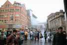 View: t12491 Junction of (left) Haymarket, (centre) Castle Street and (right) Waingate showing Charles Hagenbach and Sons Ltd., The Castle Kitchen, No. 32, Castle Street and (right) Old Court House (formerly the Town Hall), Waingate 