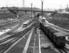 Tinsley Marshalling Yard, Wood Lane. View looking up hump from control tower with shunting in progress