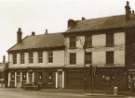 View: t13984 Brown Cow public house, No. 1 Mowbray Street and (right) Nos. 9 - 13 Bridgehouses Post Office