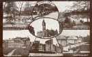 Composite postcard of Sheffield: clockwise top left, Stepping stones, Endcliffe Woods; Forge Dam; Firth Park; Botanical Gardens; the University [of Sheffield]; Wentworth Woodhouse and (centre) Town Hall