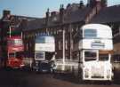 Old buses at Pond Street Bus Station including (right) a Sheffield Transport bus showing (back) the former City Council Housing Department