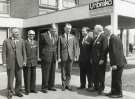 Sir John Osborn (1922 - 2015) MP (third right): unidentified group outside offices of Unbrako Steel Co. Ltd.