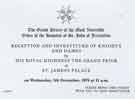 Ticket for a 'Reception and investiture of Knights and Dames' of The Grand Priory of the Most Venerable Order of the Hospital of St. John of Jerusalem, St. James's Palace, London