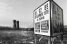 Board advertising the development site for what was to be the future Meadowhall Shopping Centre showing (left) the Tinsley Cooling Towers 
