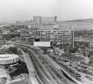 Arundel Gate looking towards (centre) Owen Building (12 Storey Block), Sheffield City Polytechnic, (top centre) Hyde Park Flats and showing (bottom left) the Register Office