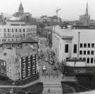 View of Surrey Street showing (bottom left) Leader House, (top left) Town Hall Extension (know as the Egg Box) and (right) Central Library and Graves Art Gallery