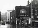 Classic cinema and newspaper kiosk, Fitzalan Square at junction with (left) Commercial Street showing Barclays Bank