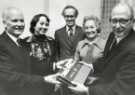 Presentation by [Colonel] Roger Inman (first right), Chairman of the Sheffield City Magistrates, to David Dewar, Principal Clerk to the Justices (first left) on his retirement