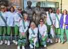 Sheffield City Morris with the Women of Steel sculpture outside Sheffield City Hall, Barkers Pool during the Inter Varsity Folk Dance Festival