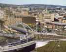 Supertram junction at Park Square showing (left) Supertram bridge, Commercial Street and (right) Sheaf Market