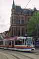 Supertram 124 approaching Cathedral Supertram stop, Church Street showing (back) Gladstone Buildings, St. James Row