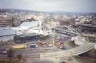 Park Square roundabout showing (left) Ponds Forge Sports and Leisure Centre, (centre) Supertram Bridge and Commercial Street and (right) Sheaf Market