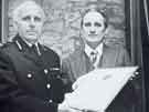 South Yorkshire Police: Chief Constable, R. S. Barratt QPM (left), presenting Gordon Selwyn Harris with the Provincial Police Award Certificate of Commendation for 1977 South Yorkshire Police: Chief Constable, R. S. Barratt QPM (left), presenting Gordon Selwyn Harris with the Provincial Police Award Certificate of Commendation for 1977