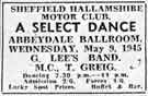 Advertisement for [V.E Day] Select Dance, Sheffield Hallamshire Motor Club, Abbeydale Ballroom