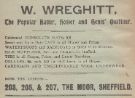 Advertisement for W. Wreghitt, the popular hatters, hosier and gents outfitter, 203-207 The Moor