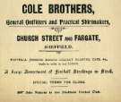 Advertisement for Cole Brothers, general outfitters and practical shirtmakers, Church Street and Fargate Advertisement for Cole Brothers, general outfitters and practical shirtmakers, Church Street and Fargate