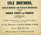 Advertisement for Cole Brothers, general outfitters and practical shirtmakers, Church Street and Fargate