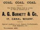 Advertisement for A. G. Burnett and Co., coal merchants, No. 17 Canal Wharf Advertisement for A. G. Burnett and Co., coal merchants, No. 17 Canal Wharf