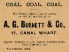 Advertisement for A. G. Burnett and Co., coal merchants, No. 17 Canal Wharf