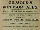 Advertisement for Gilmour's Windsor Ales at Bramall Lane [football ground] and Gilmour's restaurant, Nursery Street