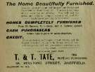 Advertisement for T. and T. Tate, house furnishers, No. 88 Pinstone Street