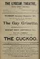 Advertisement for the last performance of the successful musical farce 'The Gay Grisette', Saturday, 16th September and 'The Cuckoo ', Monday 18th September, Lyceum Theatre, Tudor Street